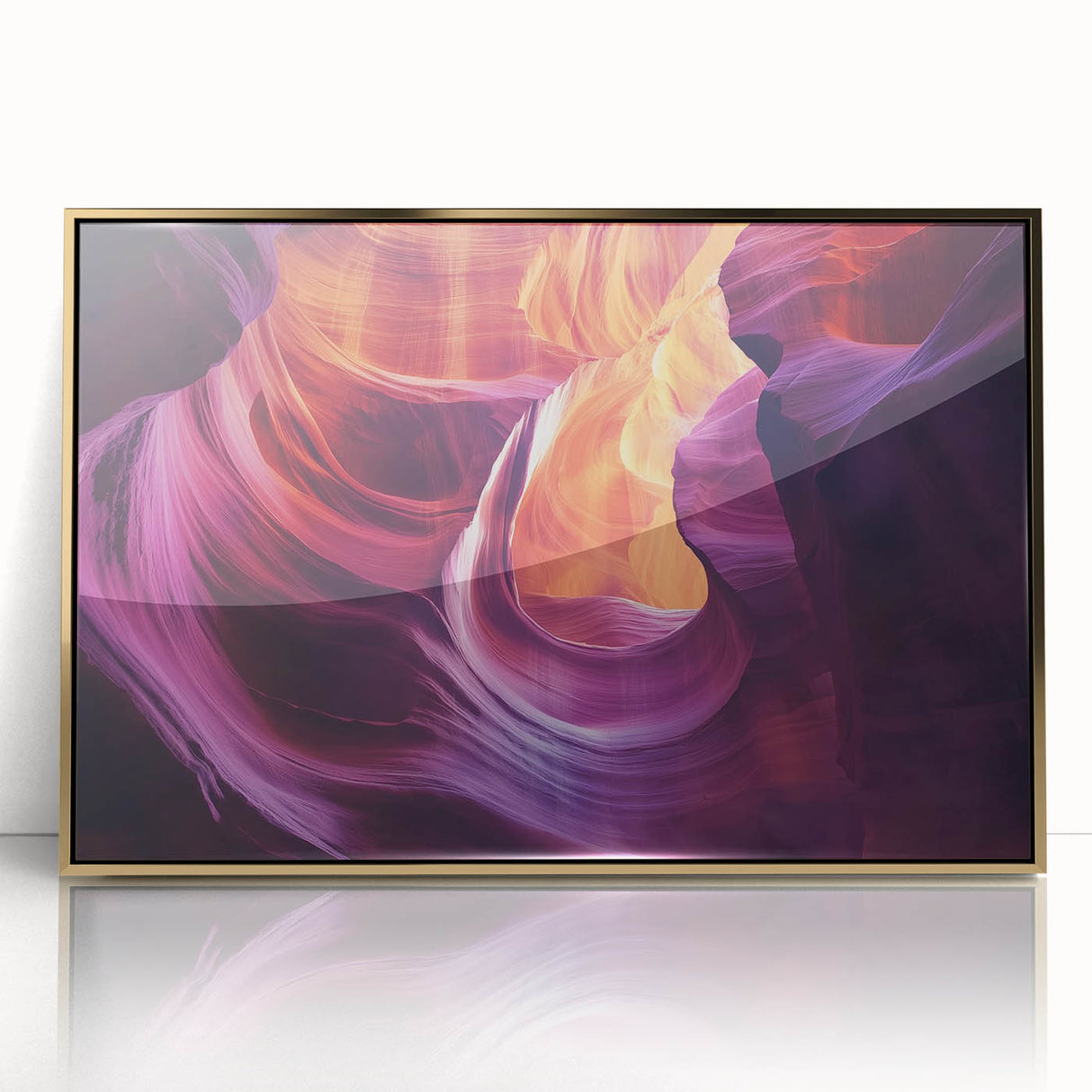 Framed acrylic artwork showcasing a stunning landscape of canyons, highlighted with gold accents, perfect for enhancing modern home decor. Ideal for nature lovers.
