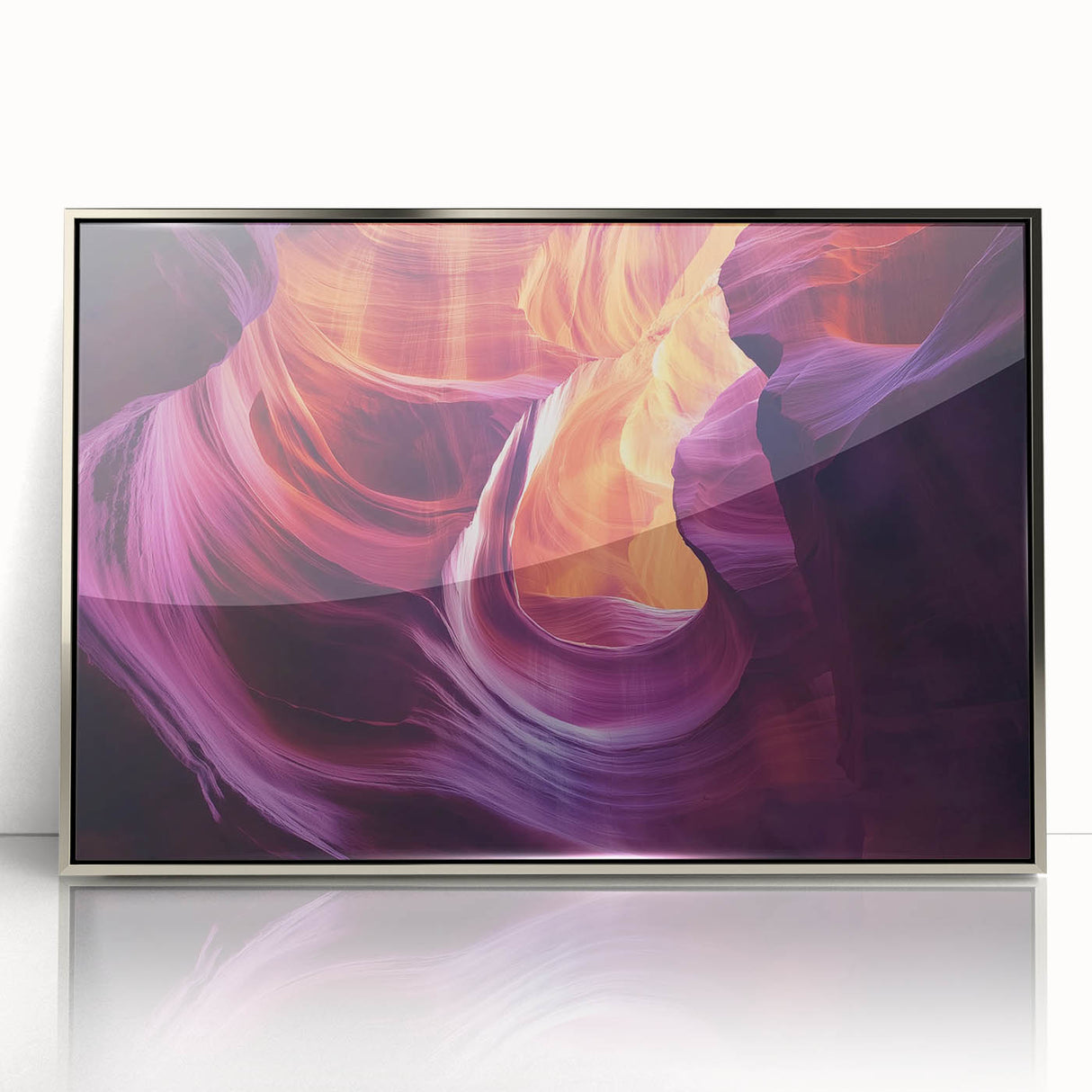 Framed acrylic artwork showcasing a stunning landscape of canyons, featuring rich earthy tones and intricate details, perfect for home decor or office aesthetics.