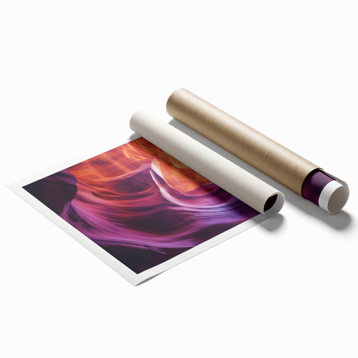 Landscape print showcasing vibrant canyons in rich earthy tones, elegantly rolled for easy display and shipping. Perfect for nature-inspired decor in any setting.
