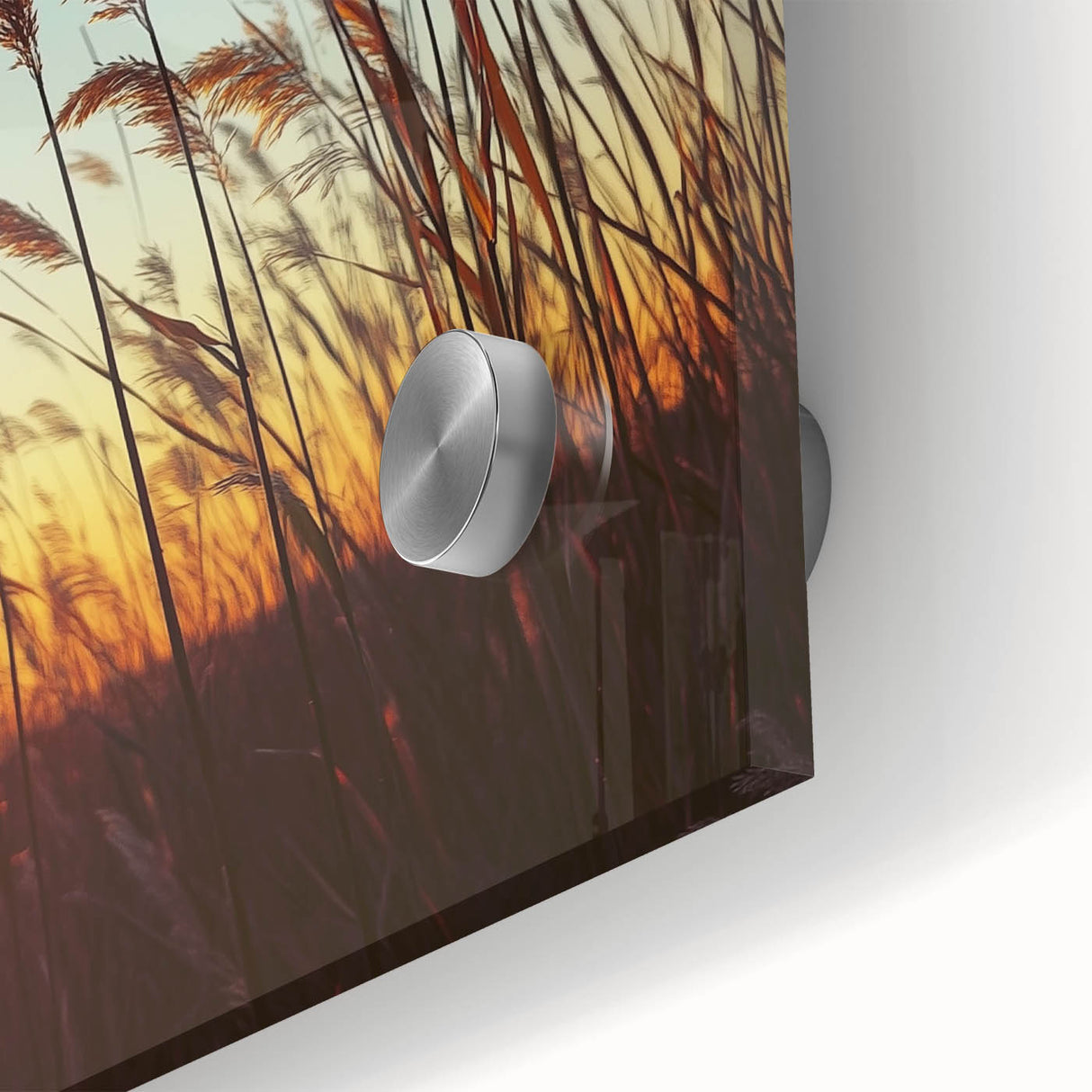 Close-up of a vibrant acrylic landscape artwork depicting a serene countryside scene, featuring lush green fields and a clear blue sky, ideal for home decor.