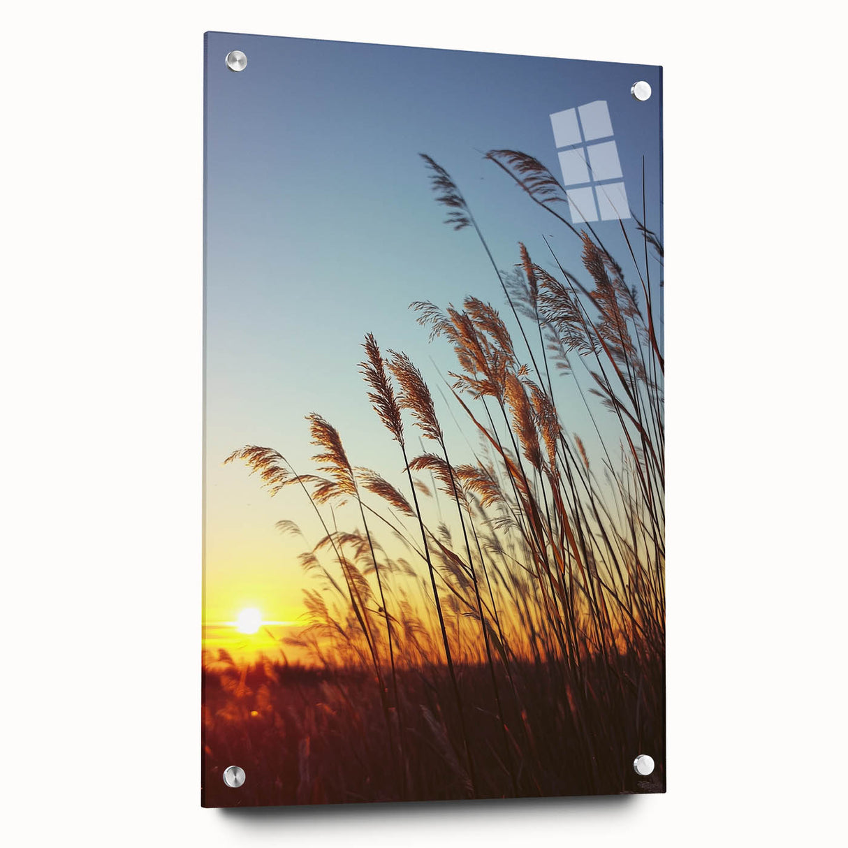 Acrylic glass artwork depicting a serene countryside landscape, showcasing vibrant greens and soft blues. The piece is mounted with pins for display, highlighting its contemporary design.