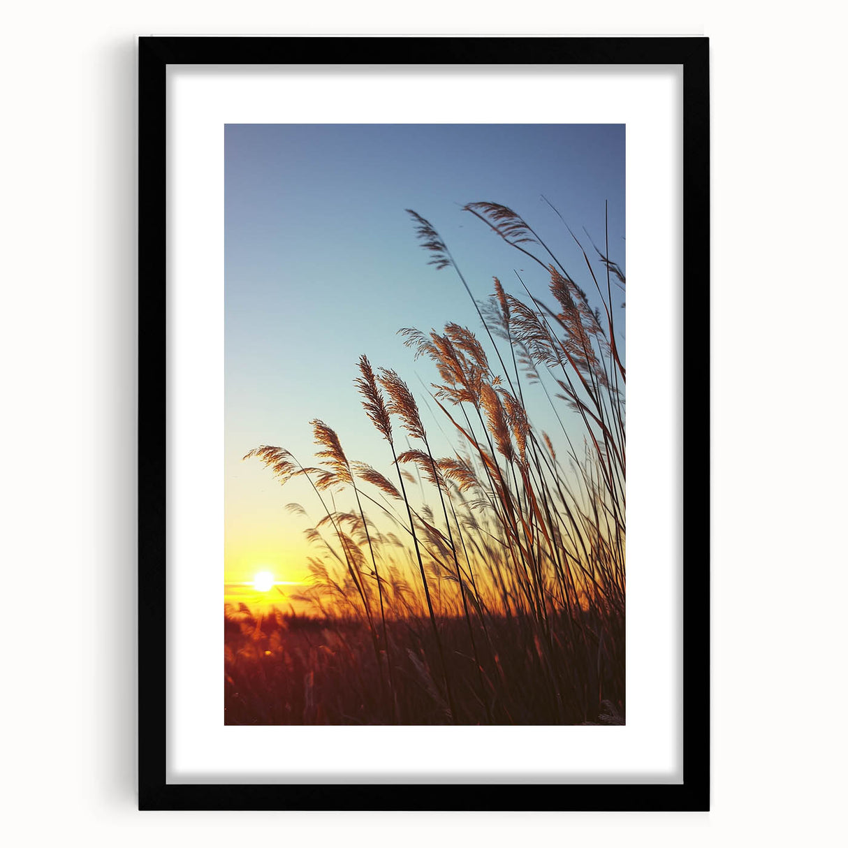 Black-framed landscape print showcasing a serene countryside scene, featuring lush greenery and rolling hills, elegantly matted for a polished look. Perfect for home decor.