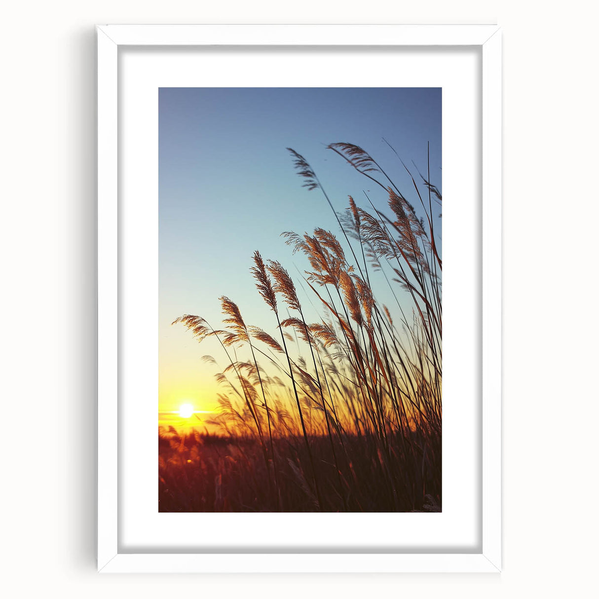 Framed countryside landscape artwork with a white mat, showcasing vibrant green fields and a serene sky, perfect for home decor and nature enthusiasts.