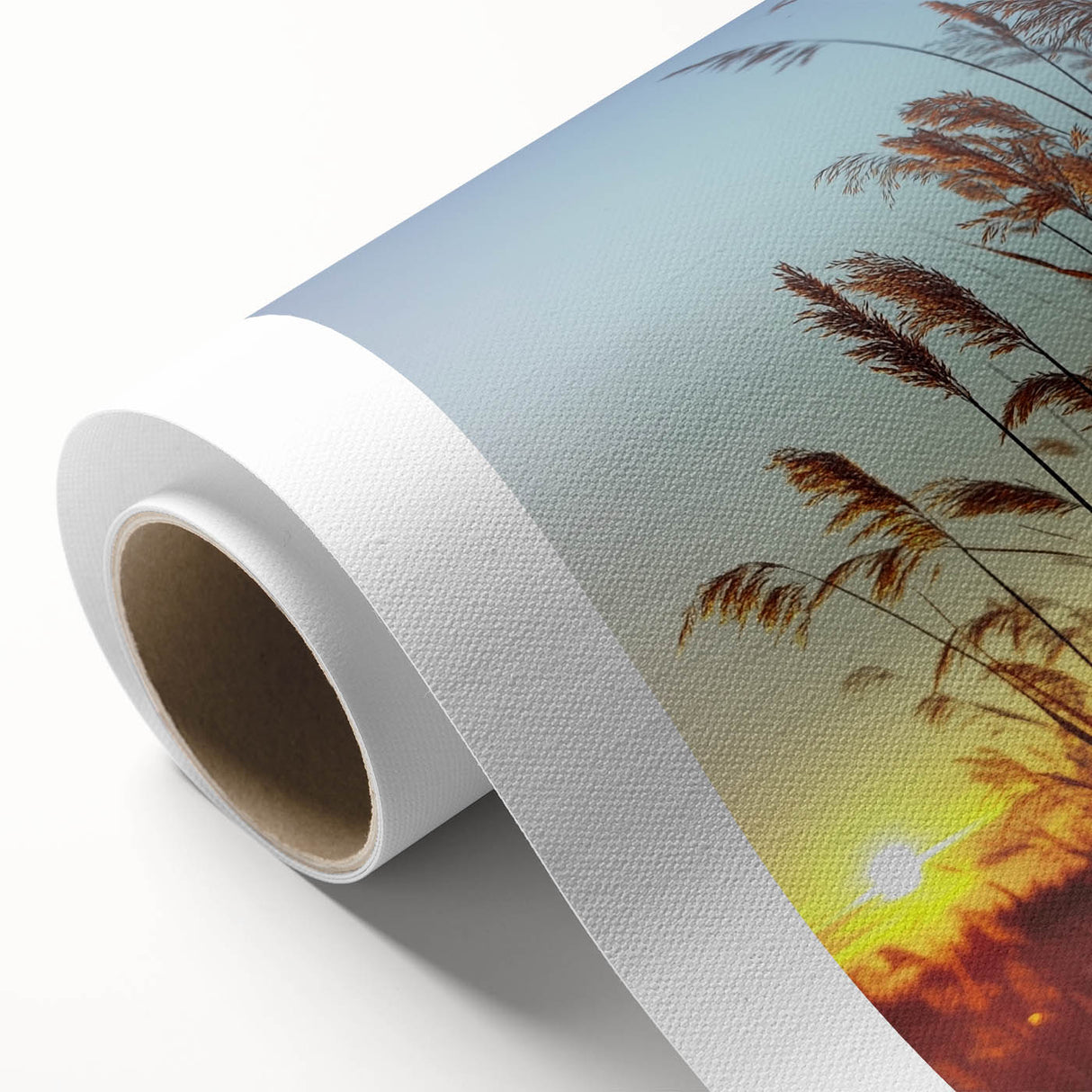 Rolled canvas showcasing a serene countryside landscape with vibrant green fields and a clear blue sky. Ideal for home decor, it arrives securely packaged in a protective tube.