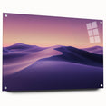 Acrylic glass artwork depicting a vibrant desert landscape in warm tones, showcased from a side view with decorative pins securing it to the backing. Perfect for modern home decor enthusiasts.
