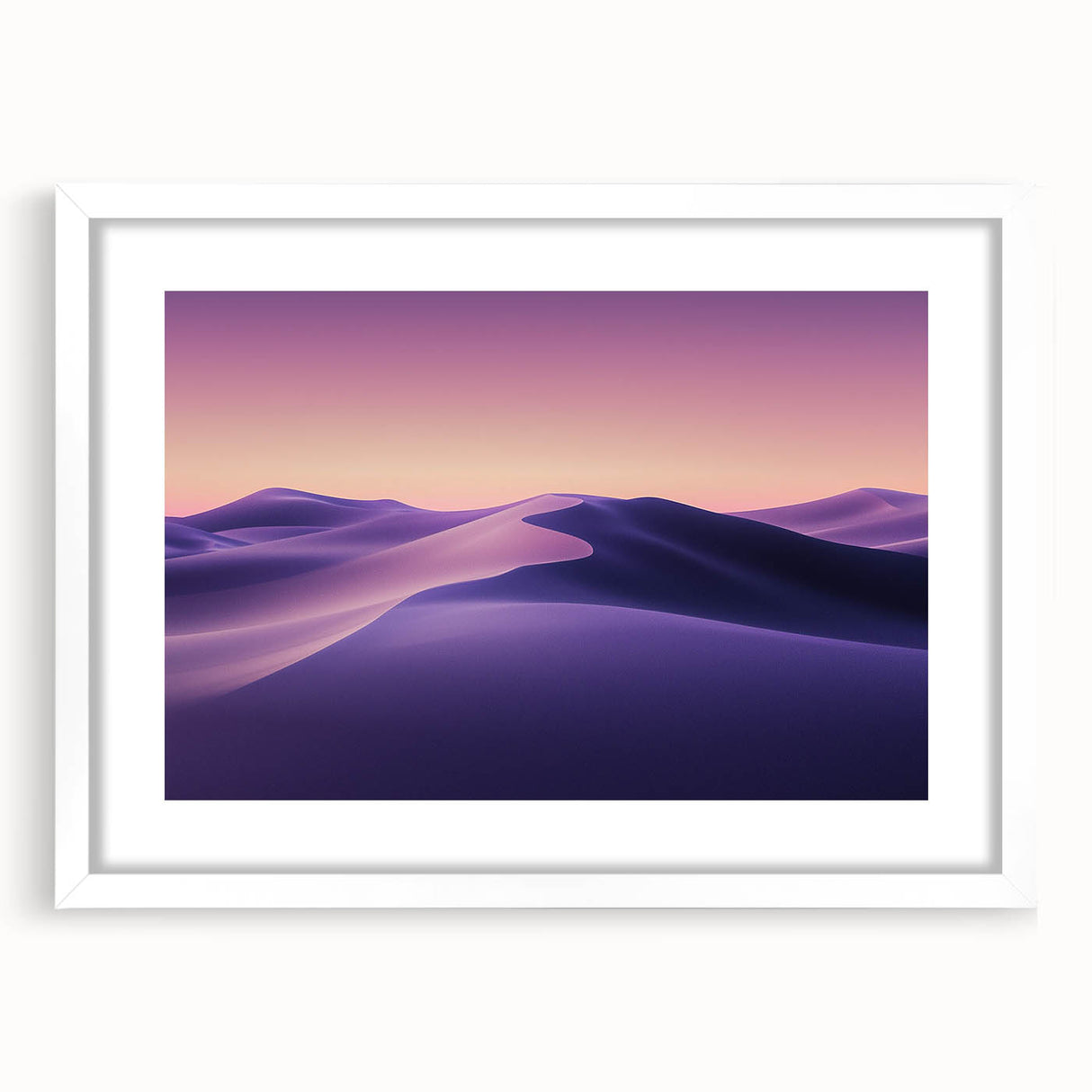 Desert landscape artwork framed in a white mat, showcasing vibrant sunset colors and serene dunes, perfect for home decor or office spaces.