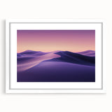 Desert landscape artwork framed in a white mat, showcasing vibrant sunset colors and serene dunes, perfect for home decor or office spaces.