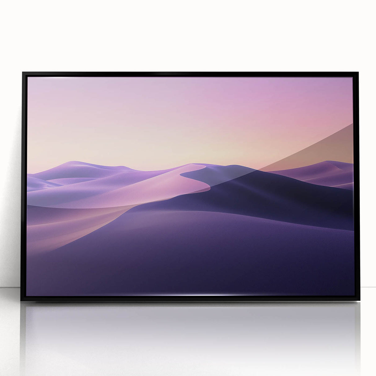 Framed acrylic artwork showcasing a stunning desert landscape with vibrant colors and intricate details, set in a sleek black frame, perfect for home decor.