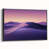 Framed canvas art depicting a serene desert landscape with warm earthy tones, presented in a sleek black frame, ideal for modern home decor.