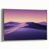 Framed canvas art depicting a vibrant desert landscape with warm tones of orange and yellow, accented by a sleek silver frame, ideal for modern home decor.