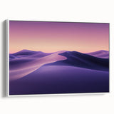 Framed canvas artwork showcasing a serene desert landscape with warm tones and soft textures, displayed in a sleek white frame, ideal for modern home decor.