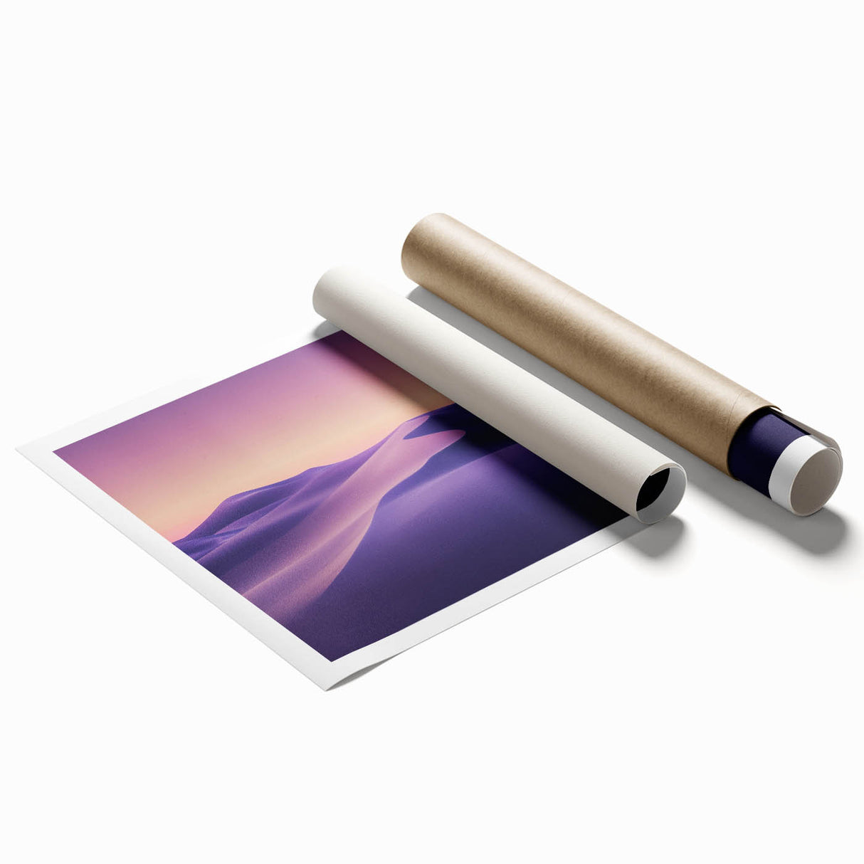 Desert landscape rolled canvas print showcasing vibrant orange and yellow hues, capturing the essence of arid beauty, packaged securely in a cardboard tube.