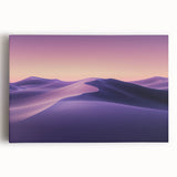 Stretched canvas artwork depicting a vibrant desert landscape at sunset, featuring warm orange and yellow hues blending into a serene blue sky, ideal for home decor.