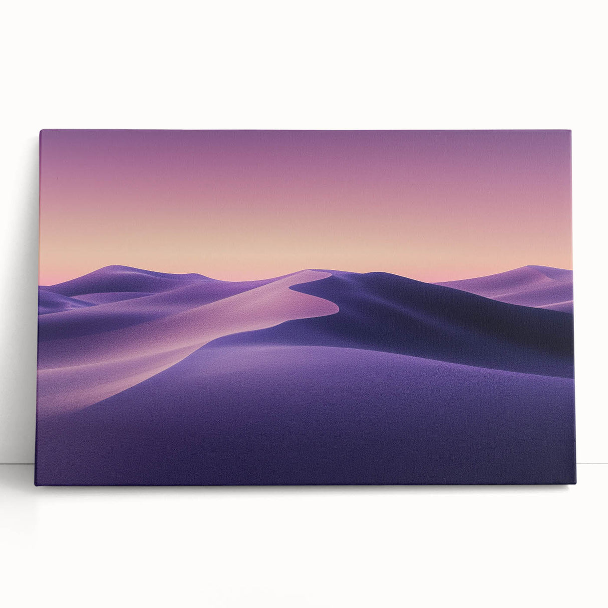 Desert landscape stretched canvas print showcasing vibrant hues of orange and yellow, leaning against a rustic wall, perfect for home decor enthusiasts.