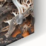 Large abstract wall art in mid-century modernist style on acrylic glass, featuring bold geometric shapes in earth tones.