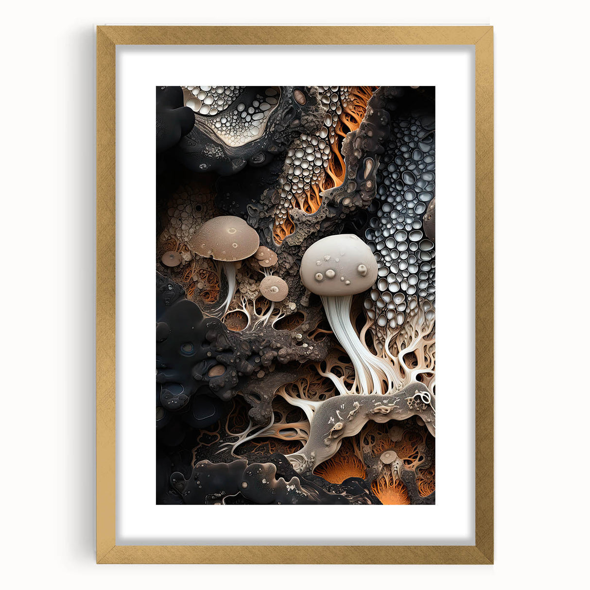 Extra large abstract art print with textured design in gold and white hues on a framed canvas, ideal for living room decor.