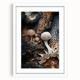 Abstract art print featuring swirling blue and gray patterns, framed with a white mat.