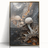 Large art print featuring mid-century modernist abstract design in gold and black hues on acrylic.