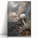 Mid-century modernist art featuring geometric shapes in muted gold and silver tones on acrylic framed poster.