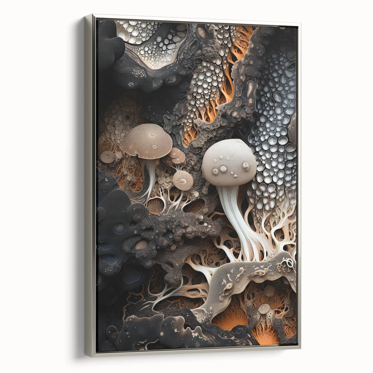 Framed canvas featuring a vintage landscape painting with vibrant colorful elements on a black background.