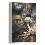 Vintage poster art featuring colorful natural elements on a large black framed canvas, ideal for living room decor.