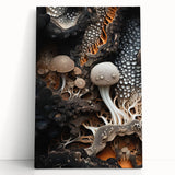 Black and white close-up photo of natural elements on a stretched canvas, ideal for kitchen wall art or bedroom decor.