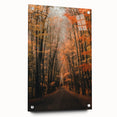 Large abstract wall art depicting fall seasons in orange and brown tones on acrylic glass.