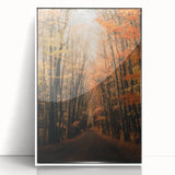 Art deco poster of autumn trees in pastel shades, acrylic print in white frame, suitable for nursery wall art.