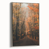 Framed canvas featuring a vintage-style landscape art painting with colorful autumn trees on a black background.