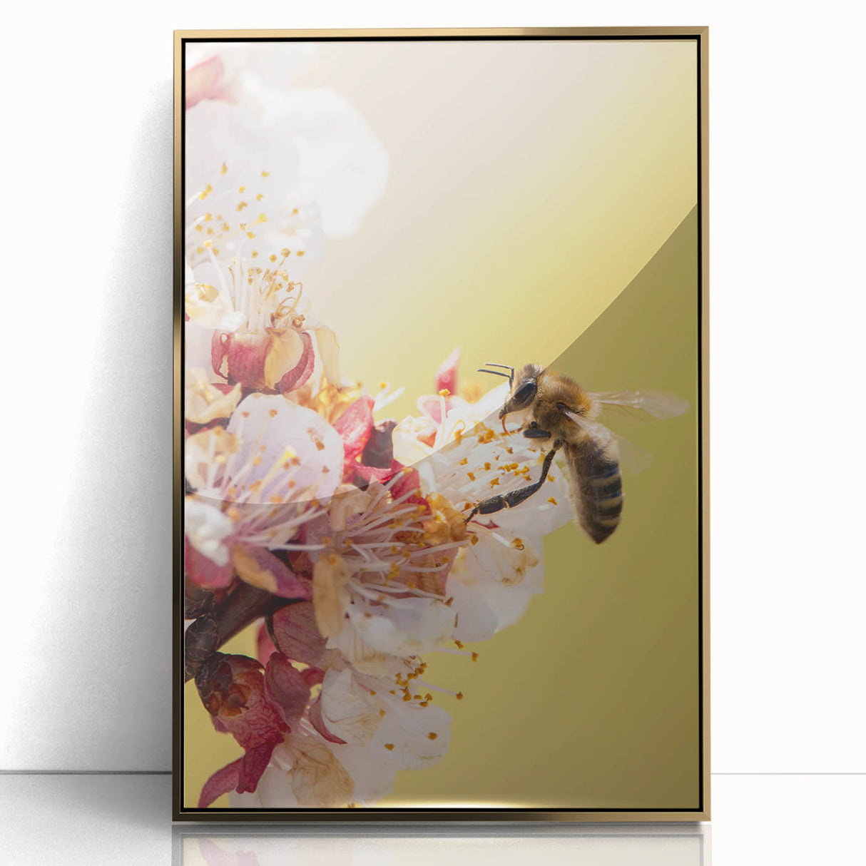 Large art print of a mid-century modernist spring scene in muted pastel shades, framed in gold acrylic.