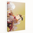 Spring-themed stretched canvas depicting a vibrant mix of floral and butterfly motifs, suitable for kitchen wall art.