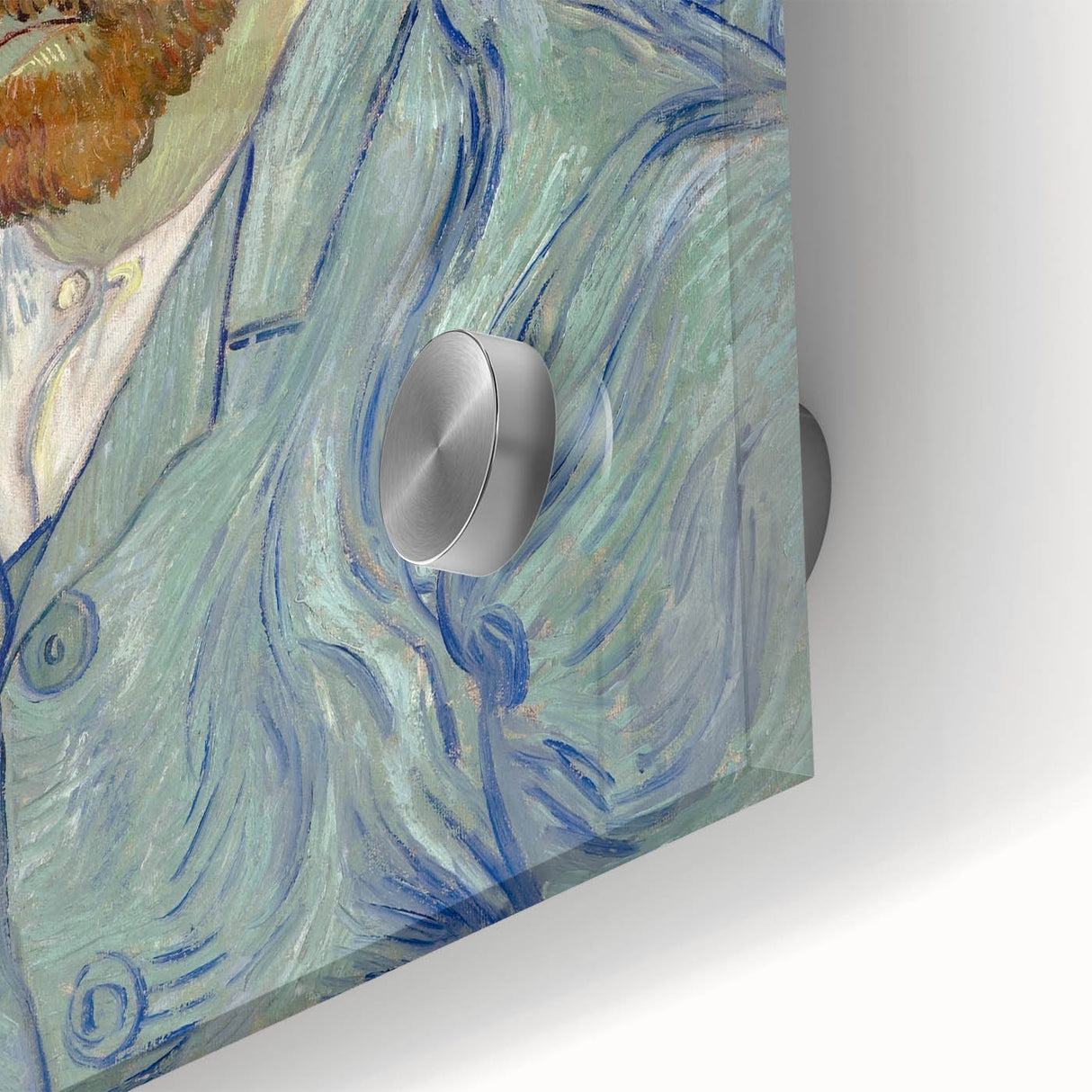 Large abstract wall art print on acrylic glass featuring swirling blue and yellow tones, ideal for dining room ambiance.
