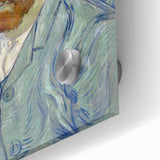 Large abstract wall art print on acrylic glass featuring swirling blue and yellow tones, ideal for dining room ambiance.