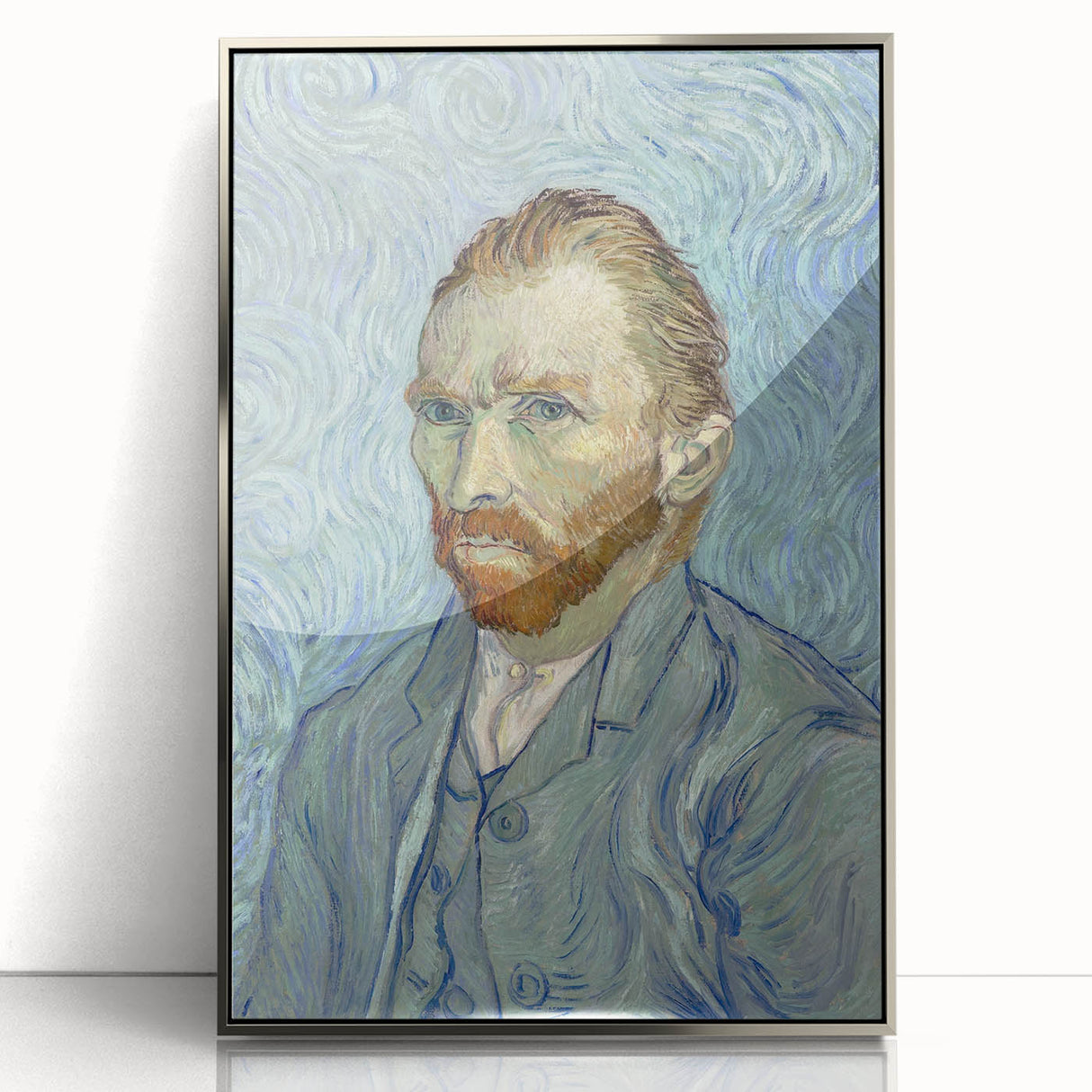Mid-century modernist art deco poster featuring a silver-framed acrylic print of Van Gogh's work, ideal for nursery wall art.