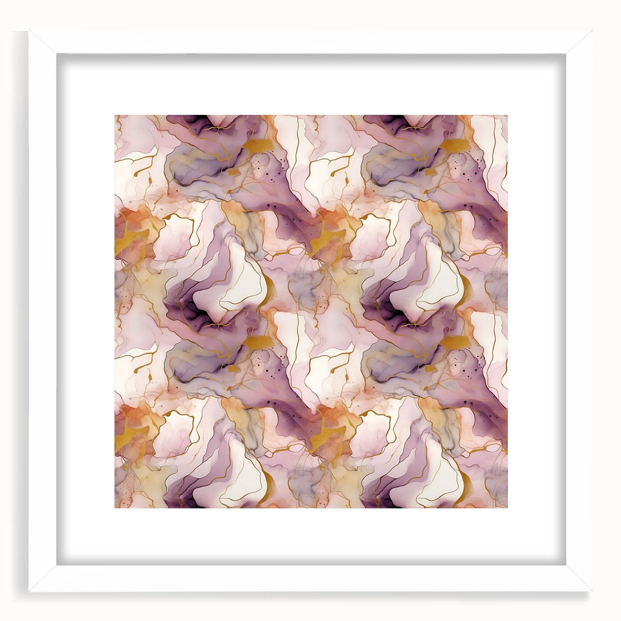 Abstract wall art featuring vibrant strokes in shades of blue, pink, and gold, elegantly framed with a white mat, enhancing modern interior decor.