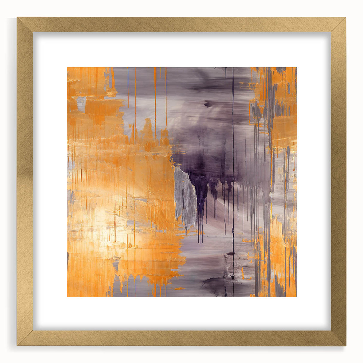 Abstract wall art featuring bold strokes in gold and black, elegantly framed with a mat, perfect for modern home decor. Ideal for enhancing living spaces.