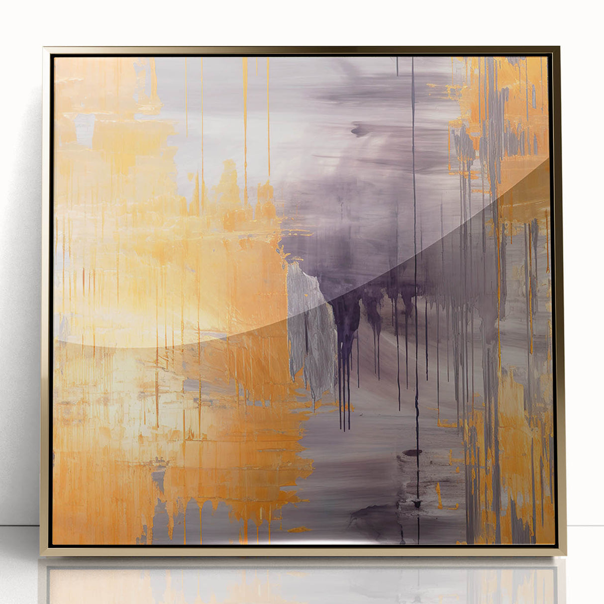 Framed abstract wall art featuring dynamic gold strokes on an acrylic background, designed to enhance modern interior decor with elegance and sophistication.