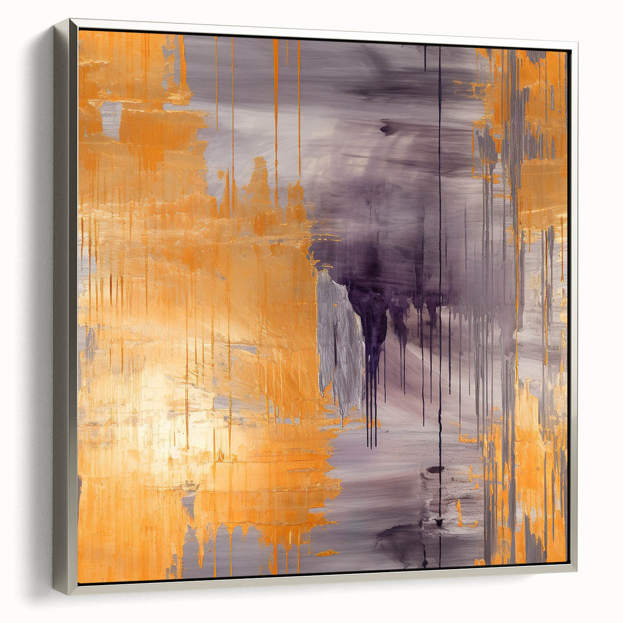 Framed abstract strokes wall art in silver, showcasing dynamic brushwork and vibrant colors, perfect for modern home decor or office settings.