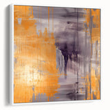 Abstract strokes wall art in a sleek white frame, showcasing vibrant colors and dynamic patterns, perfect for modern home decor. Side view highlights the frame's clean lines and artistic appeal.