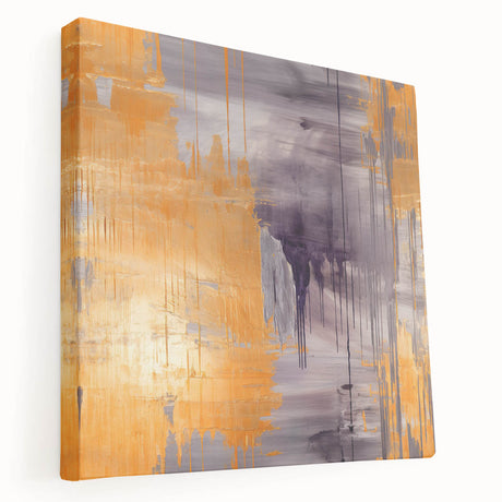 Stretched canvas wall art showcasing vibrant abstract strokes in shades of blue, yellow, and pink, perfect for modern home decor. Side view highlights its depth and texture.