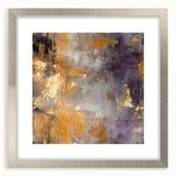 Abstract wall art featuring vibrant strokes in gold, blue, and white, framed with a silver mat, showcasing a modern aesthetic for stylish interior decor.