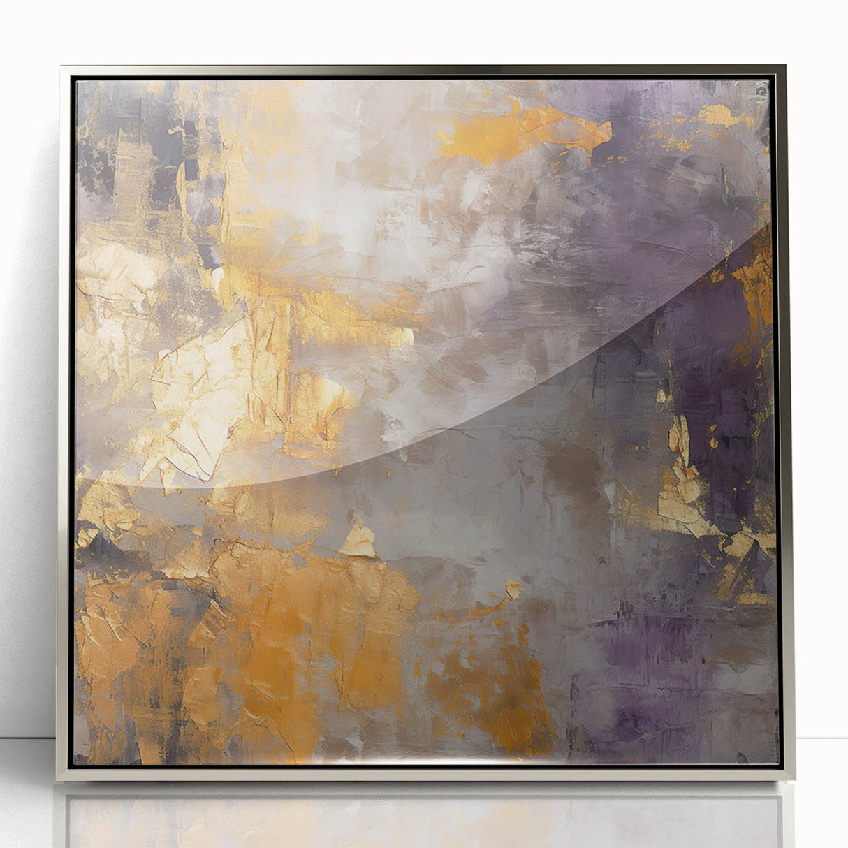 Framed abstract wall art featuring colorful strokes in shades of blue, orange, and silver, ideal for modern home decor. Perfect for enhancing living spaces with artistic flair.