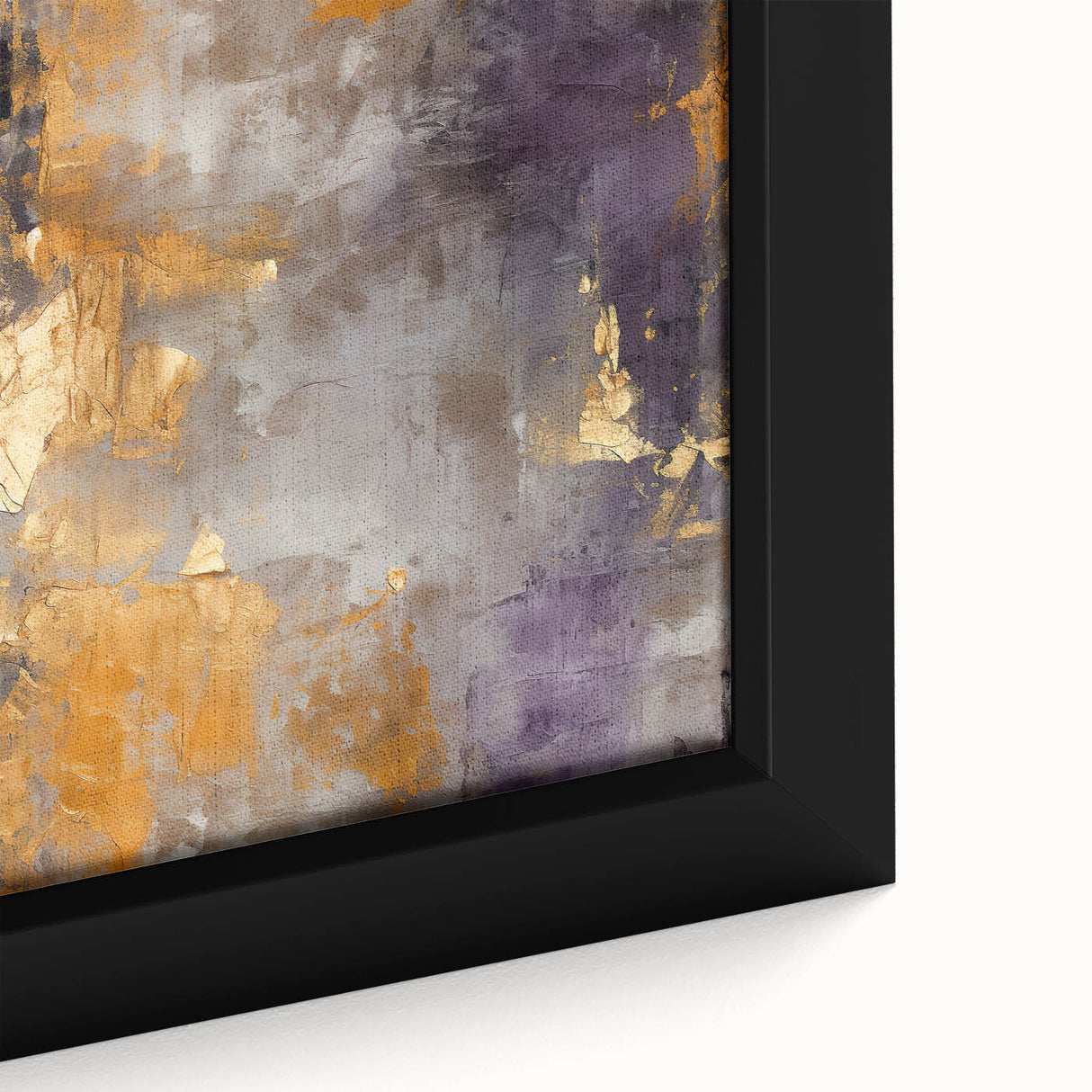 Abstract wall art close-up featuring vibrant strokes in shades of blue, orange, and gold, framed elegantly for modern home decor, enhancing interior aesthetics.