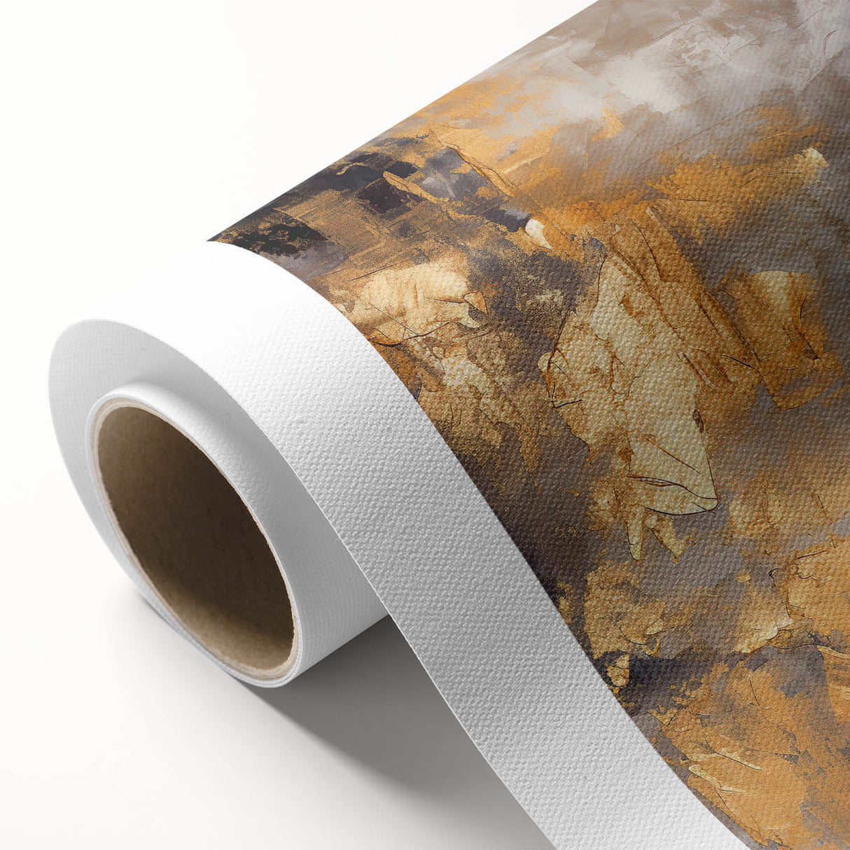 Abstract wall art on rolled canvas showcasing vibrant strokes in shades of blue, orange, and yellow, perfect for modern home decor. Packaged securely in a cardboard tube for safe shipping.