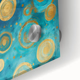 Close-up of vibrant abstract strokes wall art featuring rich colors like blue, gold, and pink, printed on acrylic glass for a modern decor accent.