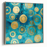 Framed abstract wall art with silver accents, showcasing vibrant strokes in blue, gold, and black, perfect for modern home decor. Side view highlights the canvas texture and elegant frame design.