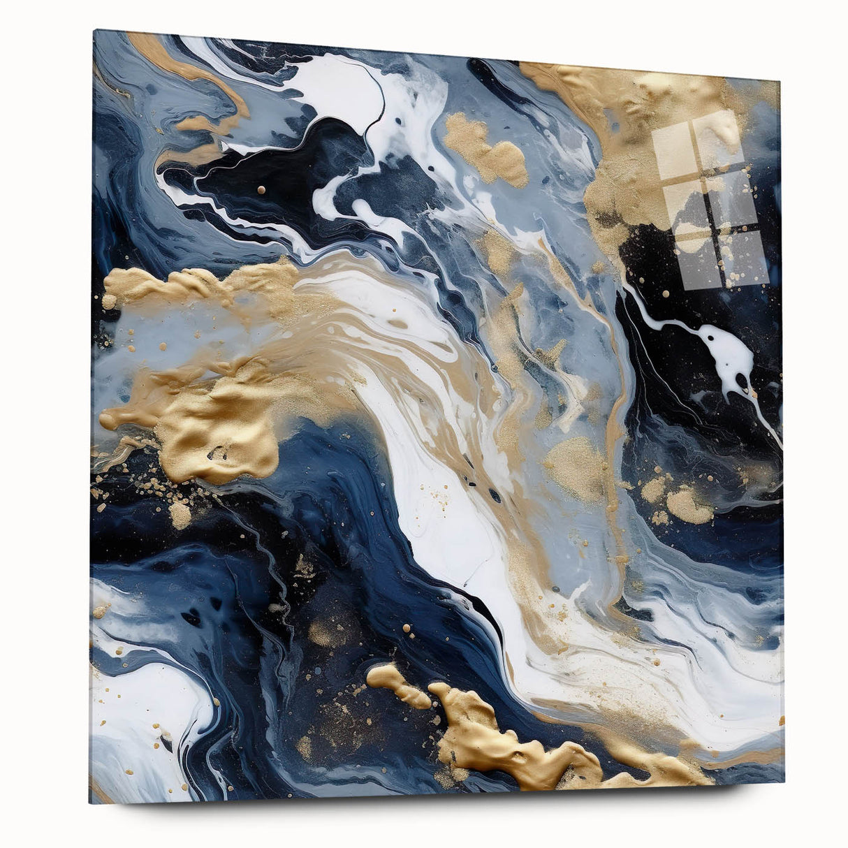 Abstract wall art featuring vibrant strokes in shades of blue, orange, and yellow. The acrylic glass view highlights the sleek, modern design, perfect for contemporary decor.