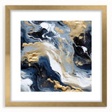 Abstract wall art featuring vibrant strokes in shades of gold and blue, elegantly framed with a mat, perfect for modern decor and enhancing living spaces.