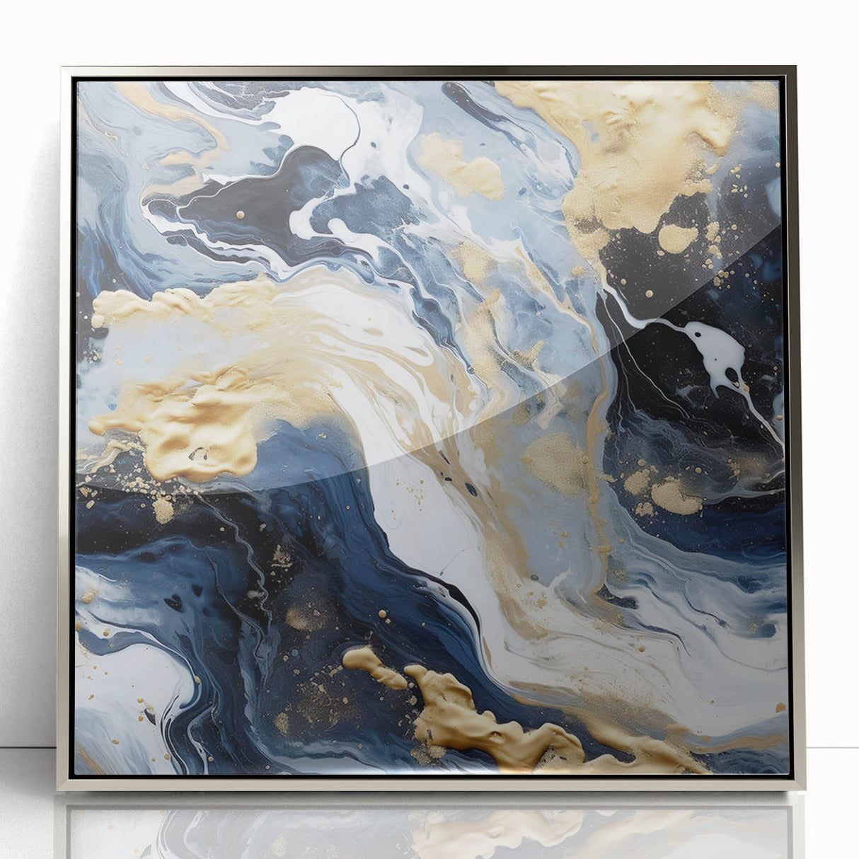 Framed abstract wall art showcasing dynamic silver strokes on an acrylic background, perfect for modern home decor and artistic interior design.