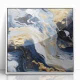 Framed abstract wall art featuring dynamic strokes in shades of blue and white, perfect for modern decor. Ideal for enhancing living spaces with contemporary style.